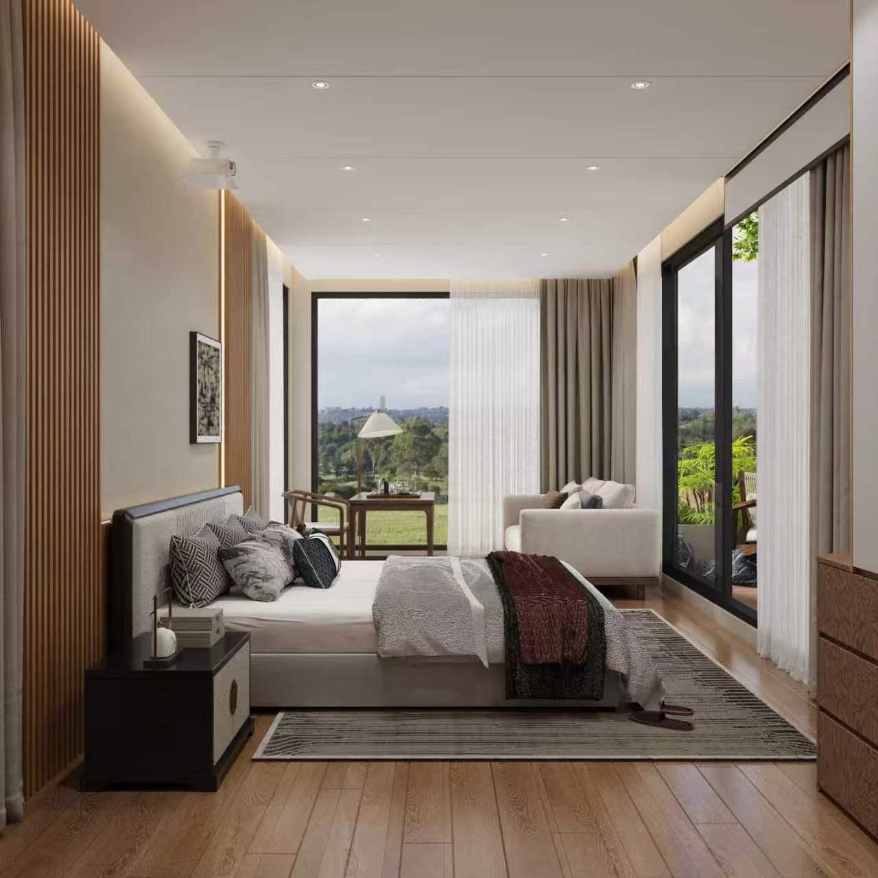 Capsule cabin bedroom interior with full-height windows and lounge seating