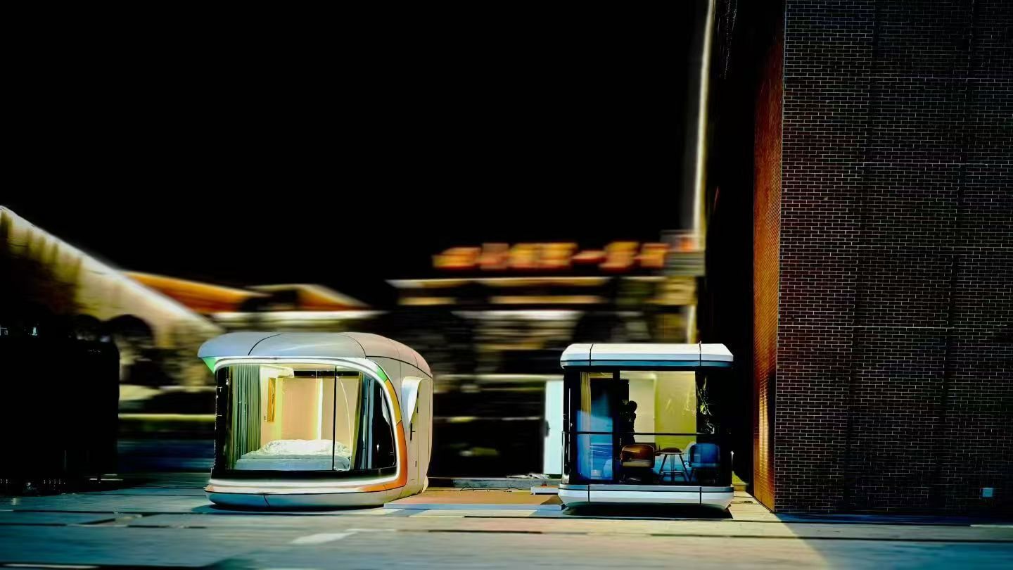 Two illuminated capsule cabins displayed outdoors at night