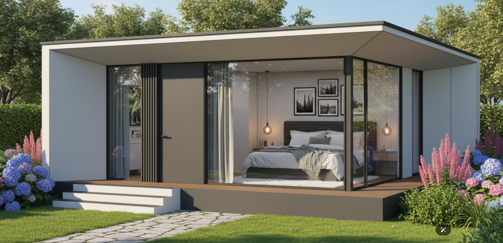Single-storey garden modular cabin with bedroom visible through large glass doors