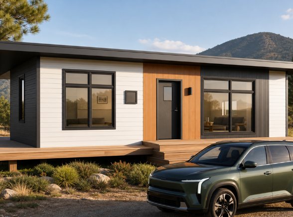 Single-storey finished modular home with deck, central door, and parked vehicle