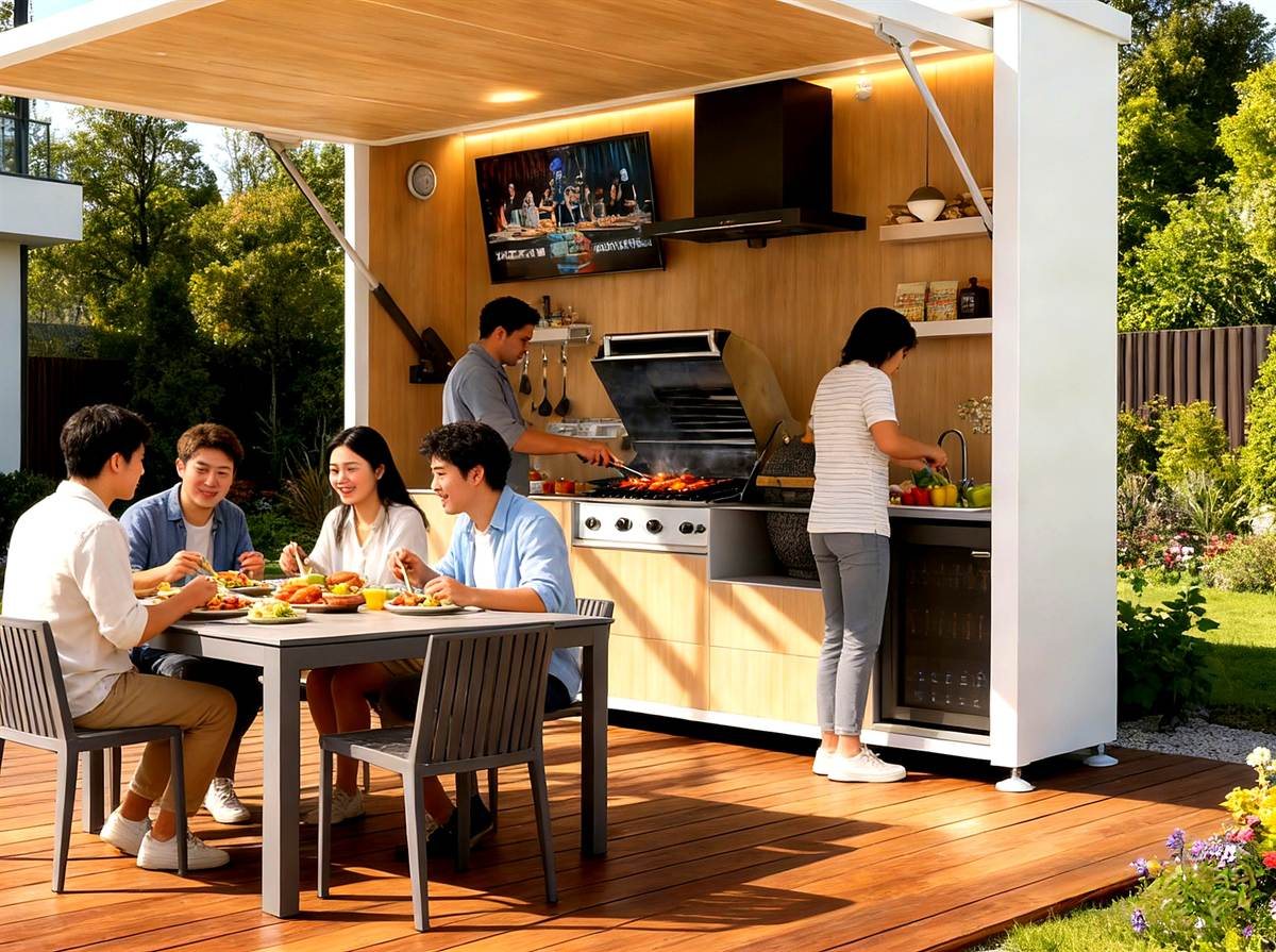 White and wood outdoor kitchen module with grill, sink, TV, and garden dining area