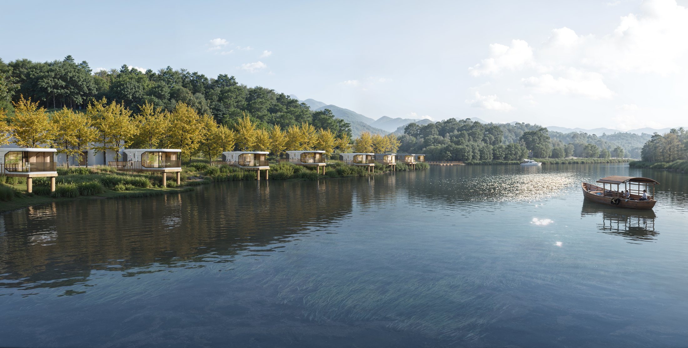 Rendered lakeside capsule cabin project reference for quotation planning